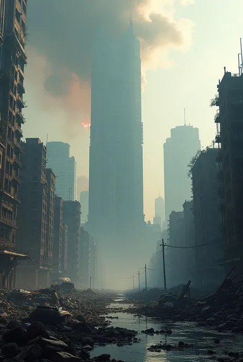 I need an orizontal image. The city needs to be a modern one and completely destroyed. Photorealistic