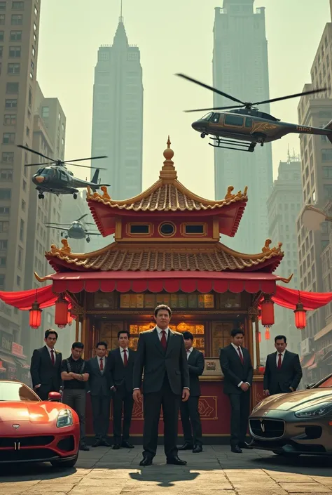 
Rich Chinese man with momo stall and gang members with gun , helicopters, luxury cars behind