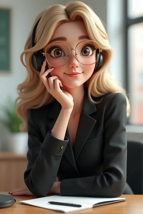  Create female 3d character,  brown eyes , round gold glasses , Loose haired blonde , socially dressed in the color black, closed shoe, teacher, Headphones small , Pen in the mouth