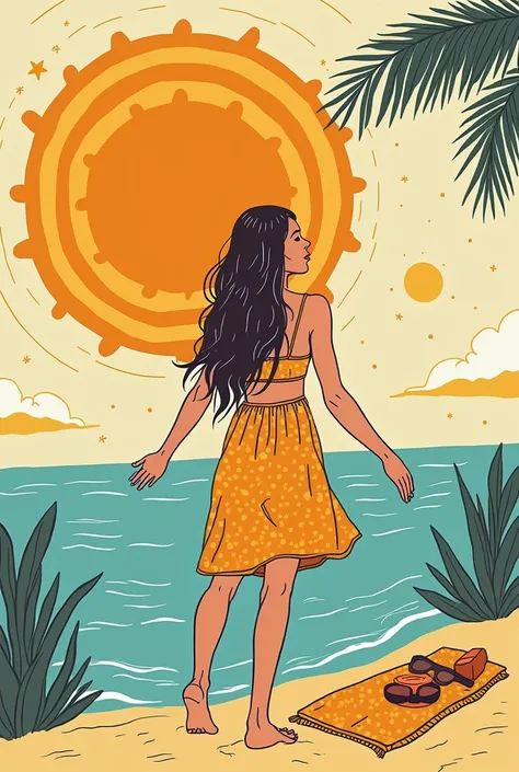 I need an illustration for a book called Stellar Habits, which talks about astrology, signs and energizing recipes for the body, and there is also a characteristic that talks about the cards and in it the Sun chart appears, so I need a woman taking a sunba...