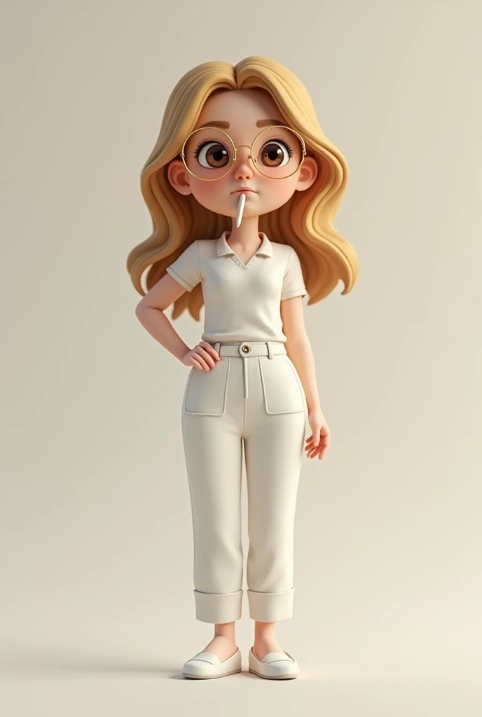  Create female 3d character,  brown eyes , round gold glasses , Loose haired blonde , socially dressed in the color white, closed shoe, teacher, Holding pen in her mouth