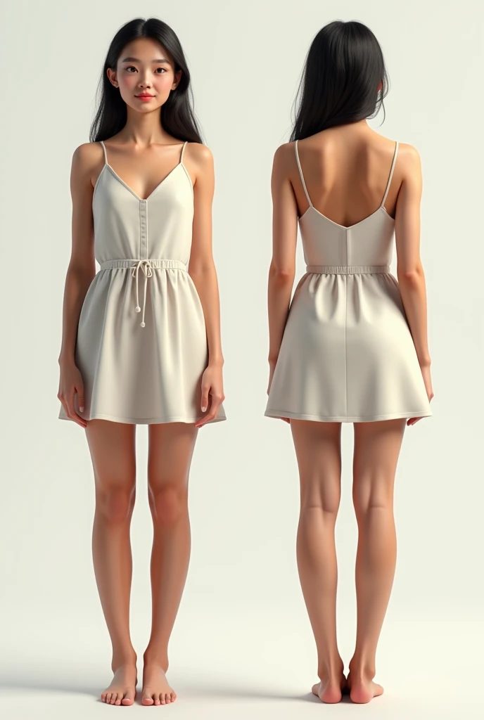  simple realistic woman standing straight with full body with neutral expression. Standing looking straight ahead and another image of her completely from behind . in a simple short dress 