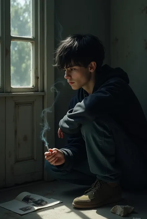 Crate a image of a boy who is broken in love and smoking 