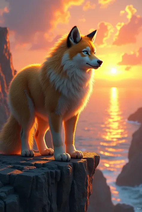 an animal with yellow colors , white,  brown and orange with abundant fur ,  with small and pointed ears , his blue eyes,  with a deep look that infuses kindness and courage , It&#39;s big.  is standing on a cliff where you can see a beautiful sunset risin...