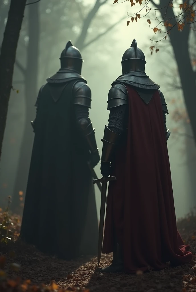  high quality, Ultra HD 8K,  2 young knights (20 years old ), pauvre habillé mais courageux au premier plan. Behind the knight on the left you put a huge shadow of a vampire. et à droite lombre dun loup garou
