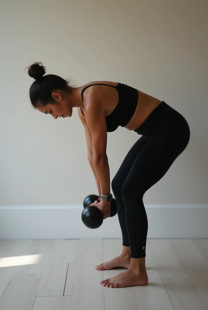 
- A woman is performing a bent-over exercise, holding her thighs 
- She is standing with her feet shoulder-width apart, knees slightly bent.
- Her body is bent forward at the hips, with her back straight and core engaged.
- She keeps her head in line with...