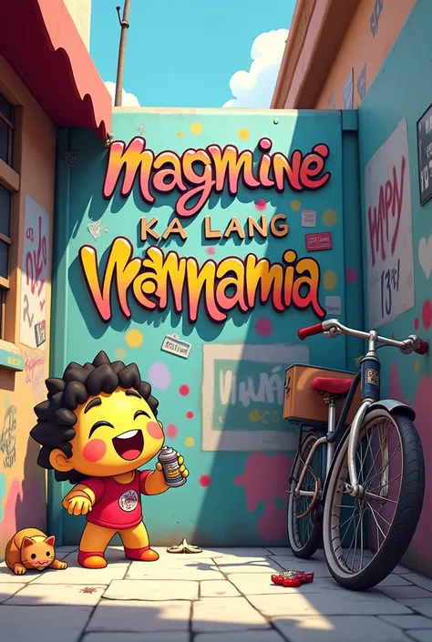 Create A chibi cute  with a big beautiful smile 3D illustration holding a paint spray. Vandalize the wall with a written word “magmine ka lang sa MammaMia” written in an elegant font with colorful splashes in the background.A bustling street scene with gra...