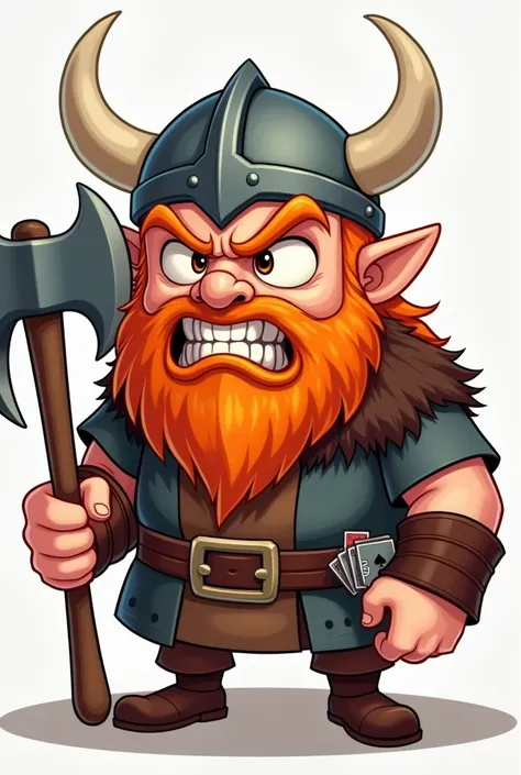 cute Cartoon viking, angry, orange hair and beard, viking helmet, fully clothed, holding axe in left hand and playing cards in left hand