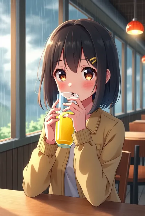 Adopt anime style , Beautiful Girl,Cafe, Im drinking lemonade,Rain Clouds