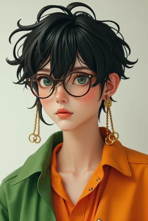 A nerdy man who wears earrings,  glasses with strings attached to white ,  straight and messy black hair , very pretty, high,  earrings and wears loose clothing like orange and green