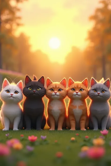 At the end of the competition, all the cats stand together, smiling happily. The white, black, brown, orange, gray, and golden cats line up, showing their friendly camaraderie. In the background, the setting sun casts a warm glow, surrounded by soft green ...