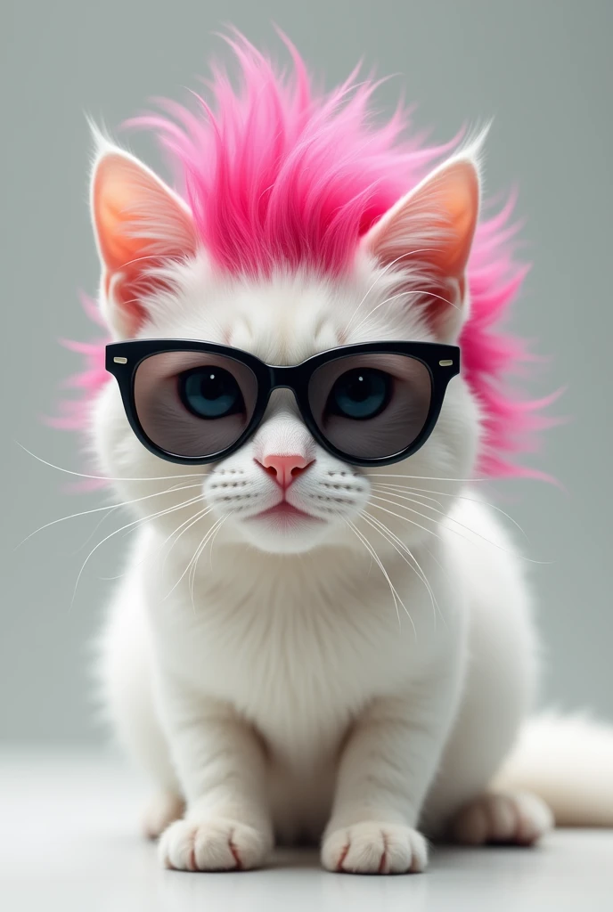 White cat with dark glasses and flufly pink hair 
Macho