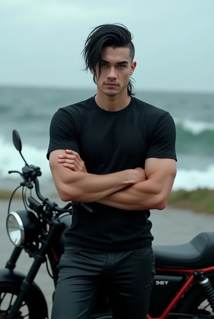 (photorealism:1.2), handsome man, crossed hand in front of a black motorcycle, wearing black t-shirt, black leather pants, medium mullets black hair, green eyes, young adult without beard, smooth skin, cheekbones, outside, stormy sea in background, relaxed...