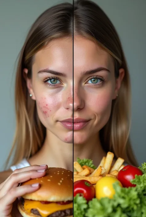 A split image: on the left, a person with acne and wrinkles, holding junk food like a burger and fries. On the right, a person with glowing, firm skin, holding organic fruits and vegetables. The contrast shows the effects of unhealthy vs. healthy food on t...