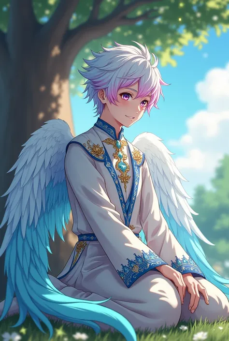 1 anime boy () 
with white, blue, pink hair, light purple eyes, pink eyes that seem to contain a thousand stars in them, a smiling face sitting under a tree in the yard, white wings as blue as the sky and 4 white phoenix tails turquoise, wearing quite beau...