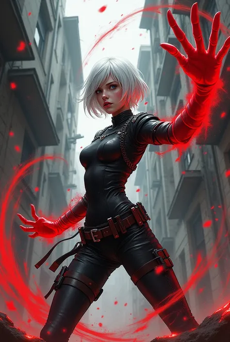  Comic style girl short white hair and gray eyes, With blood powers fighting 