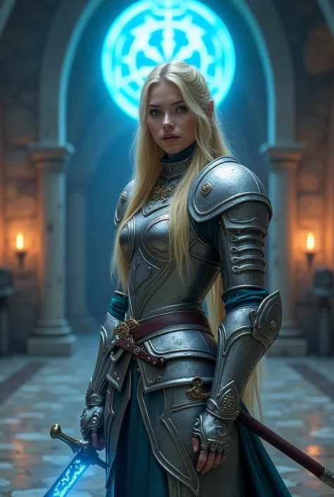 Créez un portrait puissant inspiré de la fantasy dune guerrière féminine portant une armure médiévale sexy argentée ornée de détails complexes. Elle se tient confiante dans une salle de pierre ancienne avec un symbole magique bleu brillant derrière elle. L...