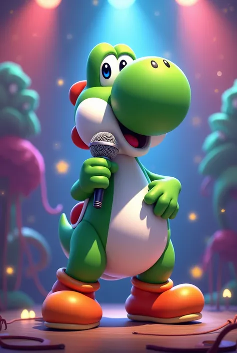 A Yoshi with a microphone 