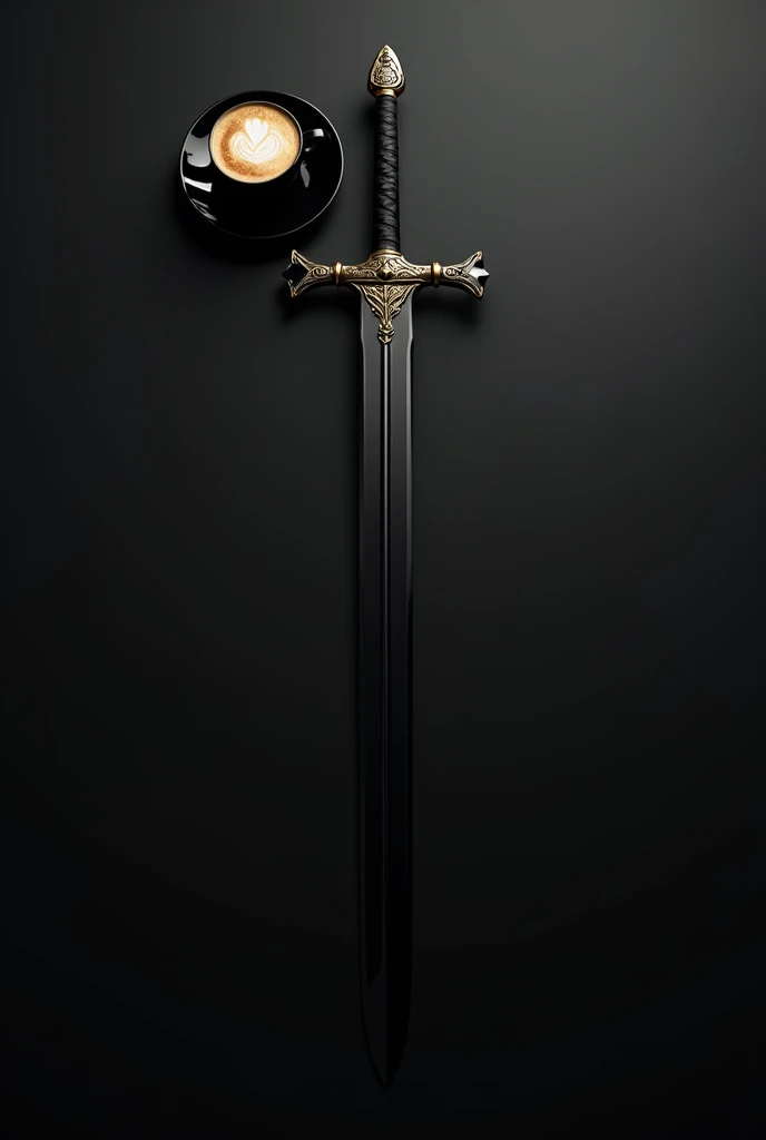 Top view,plain black paper , on a black wooden table , there is a sword with black steel ,black handle gold ornament , contains a black cup of cappucino coffee next to the paper,ultra realistic,detail,photography,ultra HD.