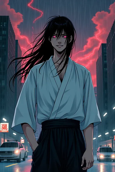 Create a Manga-Style Image,  with extremely well detailed art (Berserk and Vagabond manga level ),  for a cell phone wallpaper ,  with a medium-sized black-haired male character, almost long and bright red eyes ,  looking sideways at the screen , with a sl...