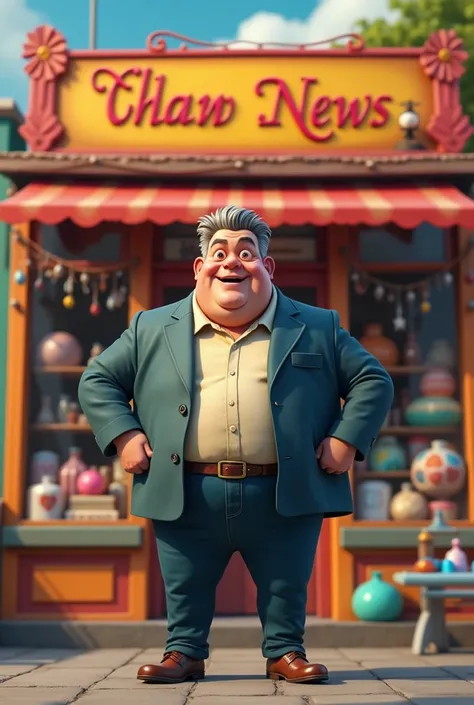 Tall and full, animated 50-year-old man with gray-black hair standing in front of a novelty store called Chano news 