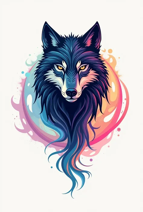 LOGO WITH LEFT SIDE BLACK TRIBIAL WOLF FACE ON YOUR RIGHT SIDE PASTEL COLORED ENERGY RINGS 