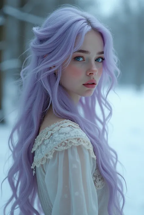 beautiful woman, Irish, standing, Cold day
Rosto:  Bet on soft and captivating features ,  clear eyes, preferably shades of blue, que lembram a natureza das paisagens Irish. 
 Slightly pale skin or with subtle freckles .
Hair: lilac, long and slightly wavy...