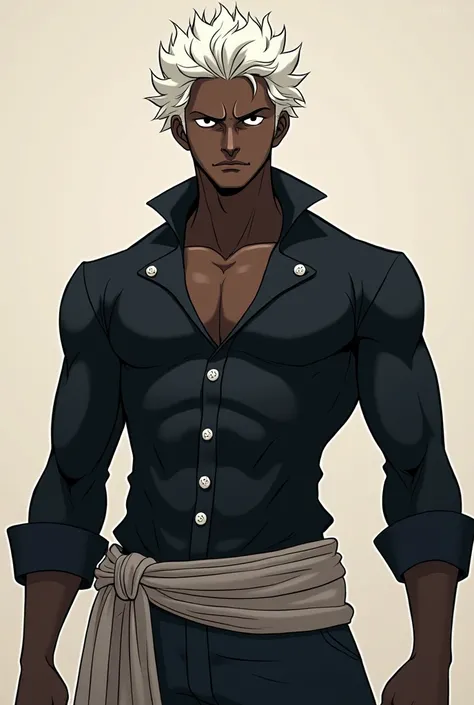  create a tall black character with wavy hair in the American cut, half of his hair is painted white ,  make the character in the style of Sanji from one piece , Dark skin, Curly hair 