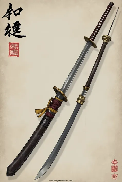 A weapon called Tenshiko no Ken, a dual-purpose weapon that can transform between a katana and a spear. The katana has a sharp, curved blade approximately 70-80 cm long, made of high-quality steel, and features a handle wrapped with lacquered bamboo or mar...