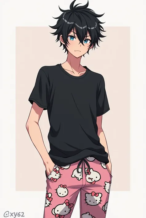 An anime man with messy black hair, hello kitty pants and a black t-shirt 