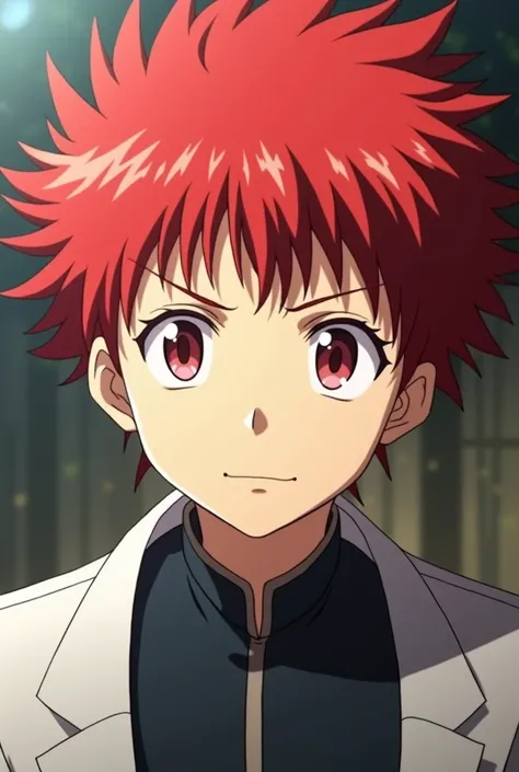 screencap,Anime shounen, a young man with soft red hair spiked upwards , with eyes that are also red and soft , with large and expressive and thin eyes , friendly face, friendly eyes , with a thin face and eyes also , thin and soft eyebrows , with majestic...