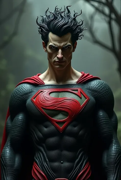 Gothic Superman with big hair and red details on his uniform and the s of the symbol must be deformed 