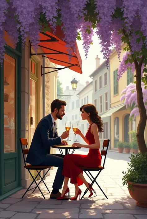 Illustration : Un café sur une place en France. Un homme et une femme avec une superbe rouge rouge boivent un pastis sous une glycine 