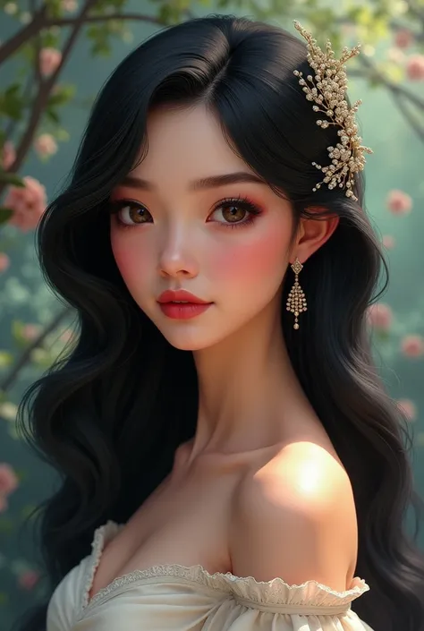 Create a Disney-like image of a very white woman with long black hair and hairstyle on one side 