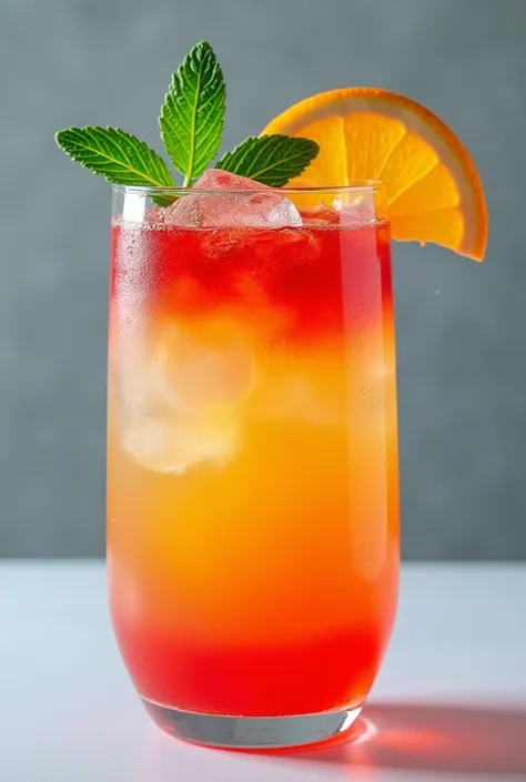  creates the image of a cocktail prepared with the density technique in a *Hurricane cup *  that has the following ingredients in that order :  the glass filled with ice ,  10ml of peppermint syrup , ½oz grenadine, 1 oz of Curaçao,  1oz of orange juice , 1...