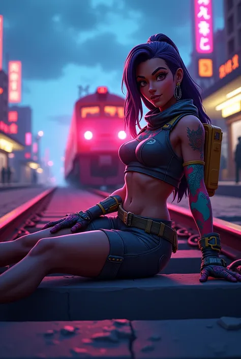  Considering that an AI using this prompt :  Generates an illustration of Valeria ,  a character from the video game Fortnite .  She has a vibrant and colorful style ,  wearing her iconic battle attire . On the scene,  Valeria is tied to the train tracks i...