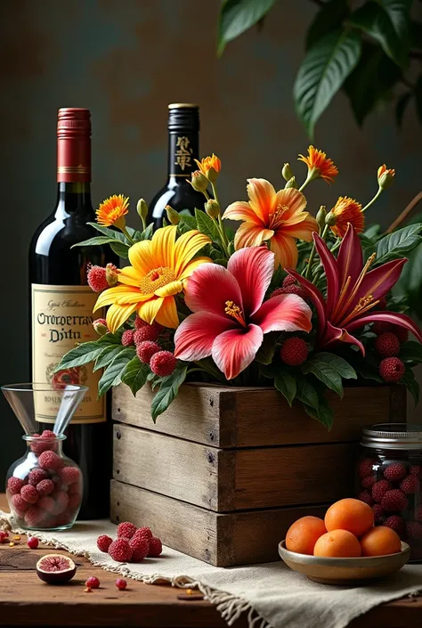 a . Boxed with .  Exotic flowers wine and jars with dried fruits