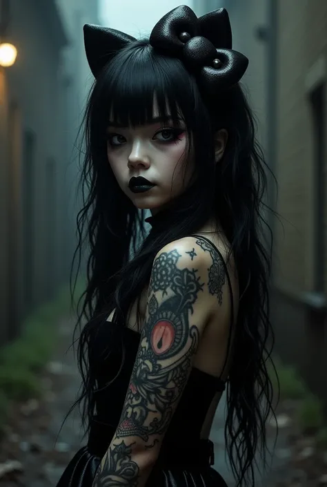 Hello Kitty with long black hair dressed in goth version with tattoos.