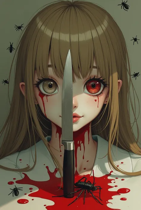  Creates an image of a girl with light brown hair almost pale yellow ,  with a mole under her left eye ,  with a calm smile while holding a knife that covers half of her face reflecting that of a zombie,  with blood and some insects on top of Japanese . Ju...