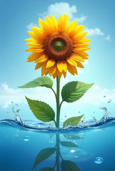 A beautiful sunflower on a blue water water body with vibrant colors and visible bubbles in the water