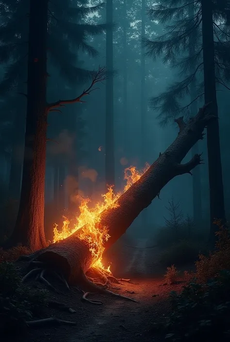 A tree that has fallen and caught fire. The background is a forest at night.