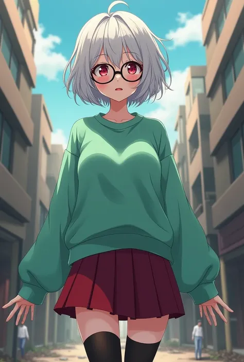 A girl with short wavy pearly white hair, ruby ​​red eyes, pink lips, porcelain white skin, slim build, and medium sized breasts. She wears black aviator cat eye style glasses and a Japanese schoolgirl uniform with an oversized mint green sweater, dark red...