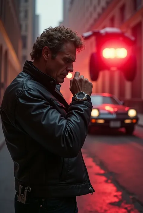  Michael Knight played by David Hasselhoff , talking with his wristwatch ,  his Kit car that comes from behind him with the red light on the front that characterizes him and taking a leap in the air