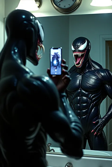 Create the Venom symbiote with a cell phone in your hand taking a picture in front of the mirror