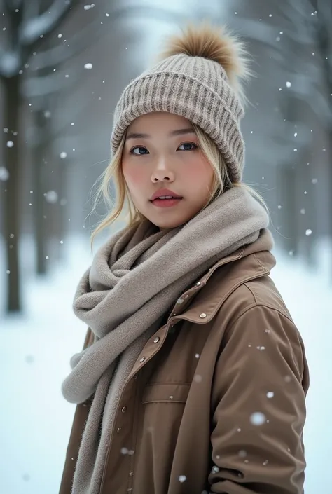 A stunning photograph of a blonde asian  woman, showcasing her fit and toned body. She is dressed in winter fashion, with a cozy scarf wrapped around her neck and a trendy hat on her head. Her hair is styled in a messy bun, and she is posing confidently, a...