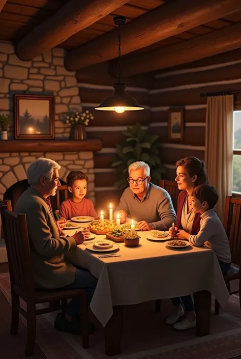 create an image of a family having dinner at a candlelit table in a wooden house