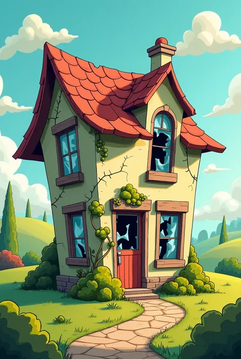 Cartoon image of a house with broken windows and doors