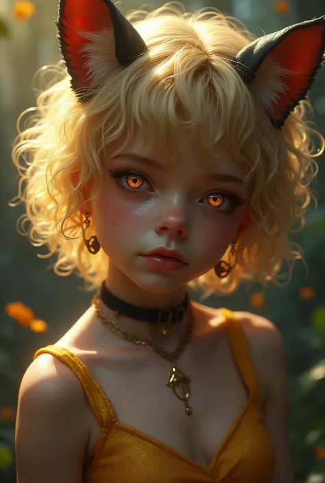 cute, femboy, wolf ears, golden short curly hair, demonic eyes, golden makeup, golden lips