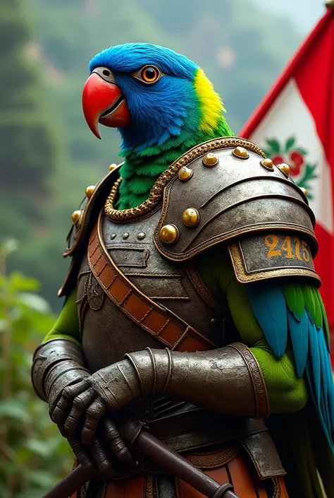 The blue-headed parrot with green body
 From Peru wearing Peruvian army armor put Peruvian flags on it 
But peoples bodies 

