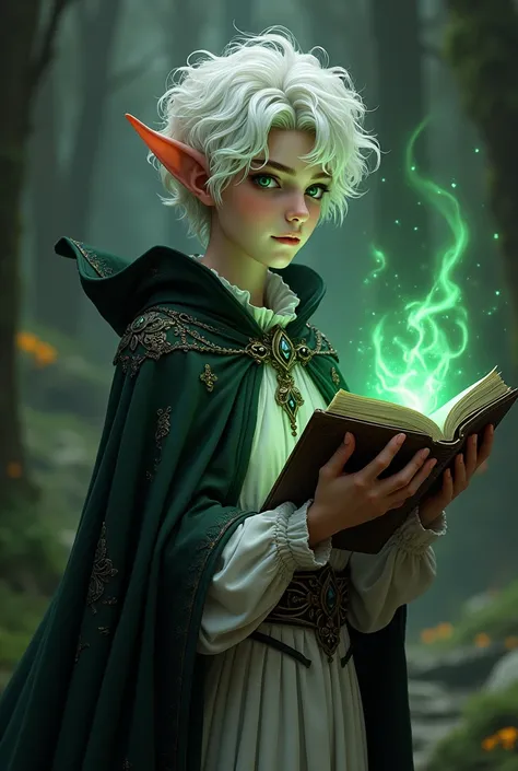  create a male wizard elf with short CURLY HAIR WHITE emerald green eyes holding a magic book in his hand that shines a strange light. She has a very dark and creepy black and white cape dress, but also beautiful embroideries.. white dress   